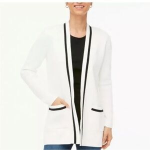 J Crew Factory Tipped open front cardigan sweater blazer White Black Tipped Sz M